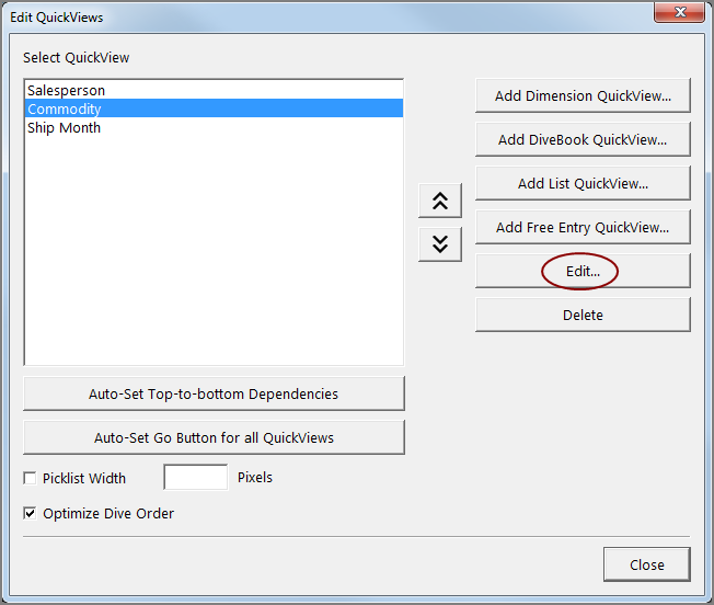 Edit QuickViews dialog box.